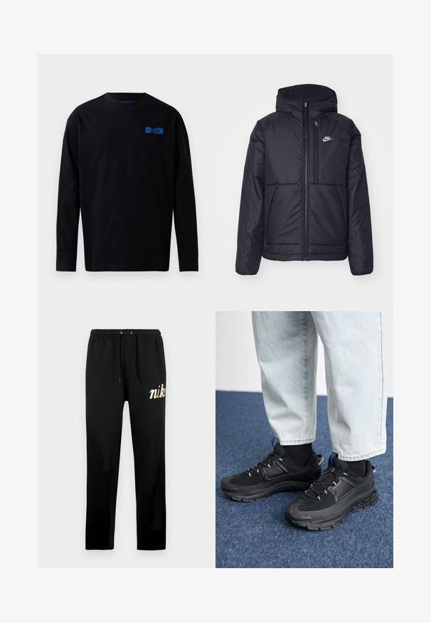 Casaco Nike preto, acolchoado, com fecho à frente e capuz. Apresenta um logo branco no lado esquerdo do peito e dois bolsos frontais. Textura exterior lisa.; T-shirt preta de manga longa feita de algodão, com um logótipo azul no peito. Design simples com decote redondo e corte reto.; Calças de treino pretas feitas de tecido macio, com cintura elástica com cordões, pernas afuniladas e um logotipo "nike" bordado a ouro.; Sapatilhas desportivas pretas com tecido texturizado e solas em borracha, apresentando atacadores elásticos e um detalhe azul no calcanhar. Usadas com calças de ganga claras.