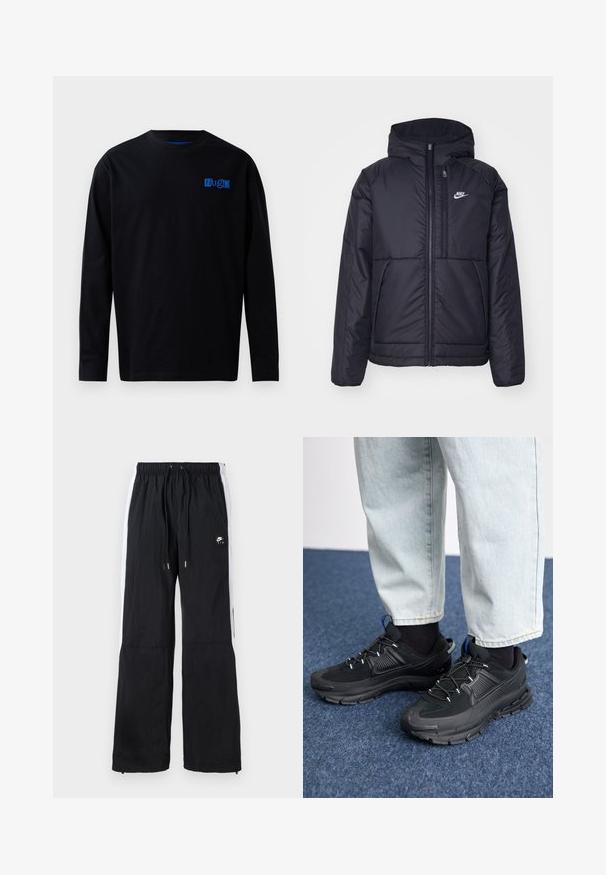 Jachetă Nike neagră, căptușită, cu fermoar pe față și glugă. Prezintă un logo alb pe pieptul stâng și două buzunare frontale. Textură exterioară netedă.; Tricou negru cu mânecă lungă din bumbac, având un logo albastru pe piept. Design simplu cu decolteu rotund și croială dreaptă.; Pantaloni sport negri cu talie elastică, dungi laterale albe, manșete cu fermoar și un detaliu de logo cauciucat pe partea din față.; Pantofi sport negri, cu țesătură texturată și tălpi din cauciuc, având șireturi elastice și un accent albastru pe toc. Purtați cu pantaloni din denim deschis.