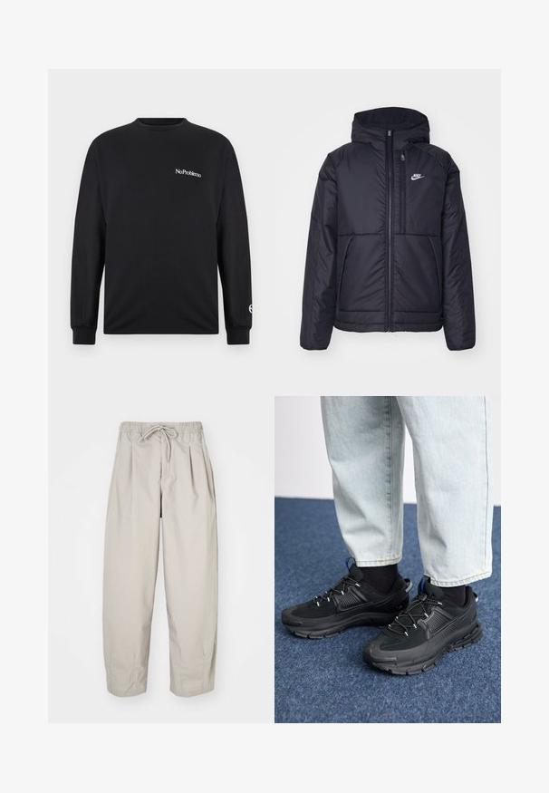 Črna, podložena Nike jakna z sprednjim zadrgo in kapuco. Ima bel logo na levem prsnem delu in dvojna sprednja žepa. Gladka zunanja tekstura.; Črna dolga majica z dolgimi rokavi, izdelana iz bombaža. Na prsih ima napis "No Problemo" in logo na rokavu. Ima okrogel izrez in oprijete manšete.; Bež hlače iz lahkega materiala z elastičnim pasom in vrvico. Imajo gube in ohlapen kroj, izdelane so iz mehkega, gladkega blaga.; Črne športne čevlje z teksturirano tkanino in gumijastimi podplati, ki imajo elastične vezalke ter modre poudarke na peti. Nosi se z lahkimi denim hlačami.