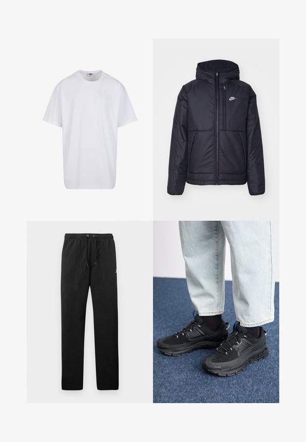 Black, padded Nike jacket with a front zipper and hood. Features a white logo on the left chest and dual front pockets. Smooth exterior texture.; White cotton t-shirt with short sleeves, rounded neckline, relaxed fit, and no visible logos or patterns. Smooth texture and minimal design.; Black sweatpants made of fleece, featuring an elastic waistband with drawstrings, two front pockets, and a small logo on the thigh.; Black athletic shoes with textured fabric and rubber soles, featuring elastic laces and a blue accent on the heel. Worn with light denim pants.
