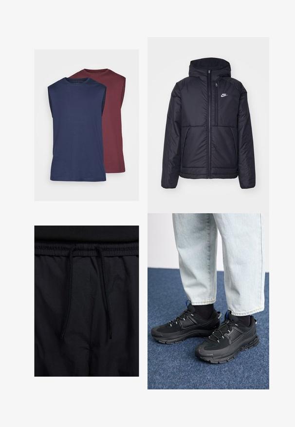 Svart, polstret Nike-jakke med frontglidelås og hette. Har en hvit logo på venstre bryst og doble frontlommer. Glatt ytterside.; Ermeløse t-skjorter i marineblå og mørkerød, laget av mykt stoff. Har rund hals og rett nederkant med en jevn tekstur.; Sorte shorts med snor i livet, lett stoff med en jevn tekstur, og et enkelt design uten synlige logoer eller mønstre.; Svarte sportssko med teksturert stoff og gummisåler, med elastiske lisser og en blå detalj på hælen. Brukt med lyse denimbukser.