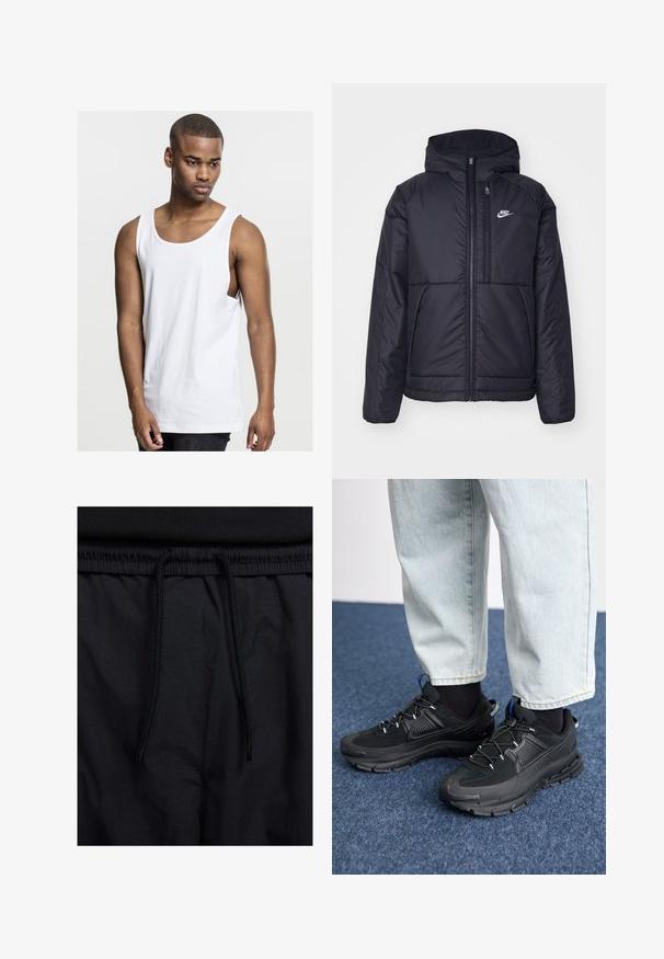 Chaqueta acolchada negra de Nike con cremallera frontal y capucha. Presenta un logo blanco en el lado izquierdo del pecho y dos bolsillos frontales. Textura exterior suave.; Camiseta sin mangas de algodón blanca con cuello redondo, corte relajado y costuras laterales. Textura suave, longitud estándar, adecuada para uso casual.; Pantalones cortos negros con cinturilla ajustable, tejido ligero con una textura suave y un diseño sencillo sin logotipos visibles ni patrones.; Zapatillas deportivas negras con tejido texturizado y suelas de goma, con cordones elásticos y un acento azul en el talón. Combinadas con pantalones de mezclilla claros.