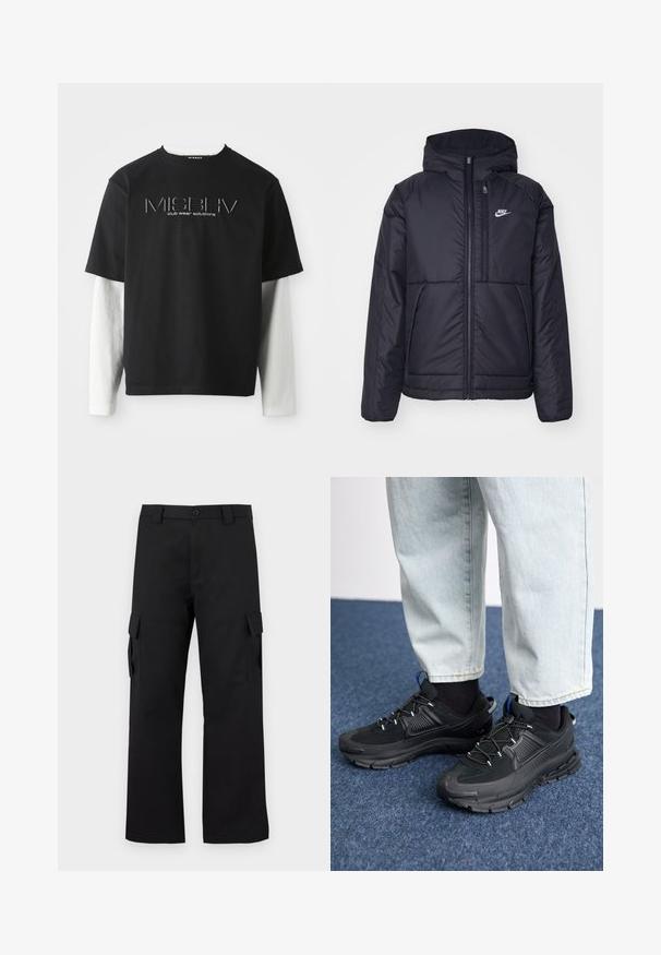 Černá zateplená bunda Nike s předním zipem a kapucí. Na levé straně hrudi má bílé logo a dvojité přední kapsy. Hladký povrch.; Černé tričko s krátkým rukávem vrstvené přes bílé tričko s dlouhým rukávem, na kterém je uprostřed hrudi logo MISBHV club wear solutions.; Černé cargo kalhoty s rovnou nohavicí. Vyrobené z odolného materiálu, obsahují dvě boční kapsy se zapínáním na klopu a knoflíkový zip.; Černé sportovní boty s texturovanou tkaninou a gumovou podrážkou, s elastickými tkaničkami a modrým akcentem na patě. Nosí se s světlými džíny.
