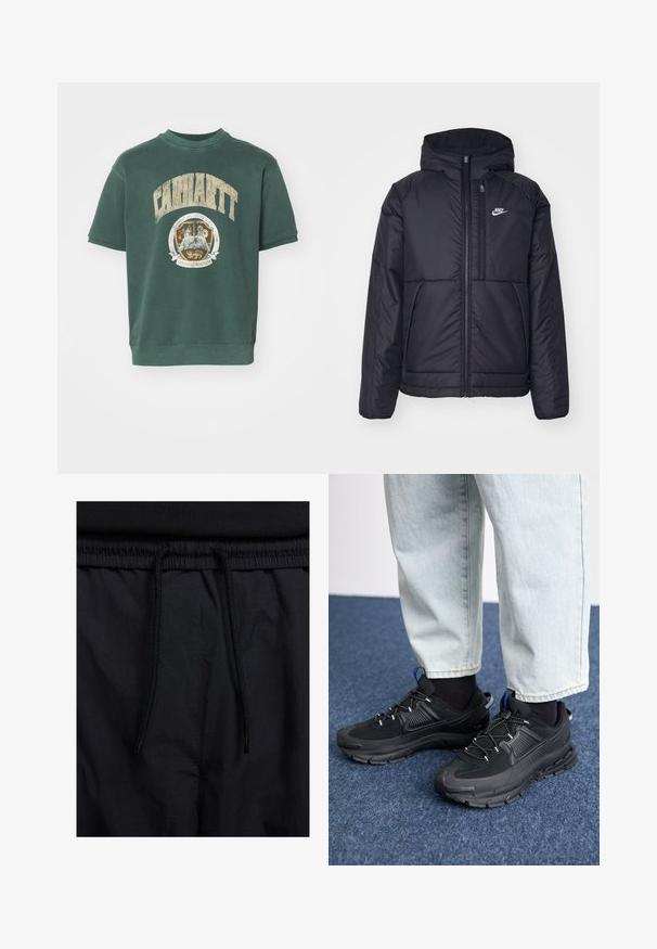 Černá zateplená bunda Nike s předním zipem a kapucí. Na levé straně hrudi má bílé logo a dvojité přední kapsy. Hladký povrch.; Zelená mikina s krátkým rukávem z bavlněné směsi s velkým logem Carhartt a kulatým grafickým emblémem na přední straně. Měkká, texturovaná tkanina.; Černé šortky s páskem na šňůrku, lehký materiál s hladkou texturou a jednoduchý design bez viditelných log nebo vzorů.; Černé sportovní boty s texturovanou tkaninou a gumovou podrážkou, s elastickými tkaničkami a modrým akcentem na patě. Nosí se s světlými džíny.