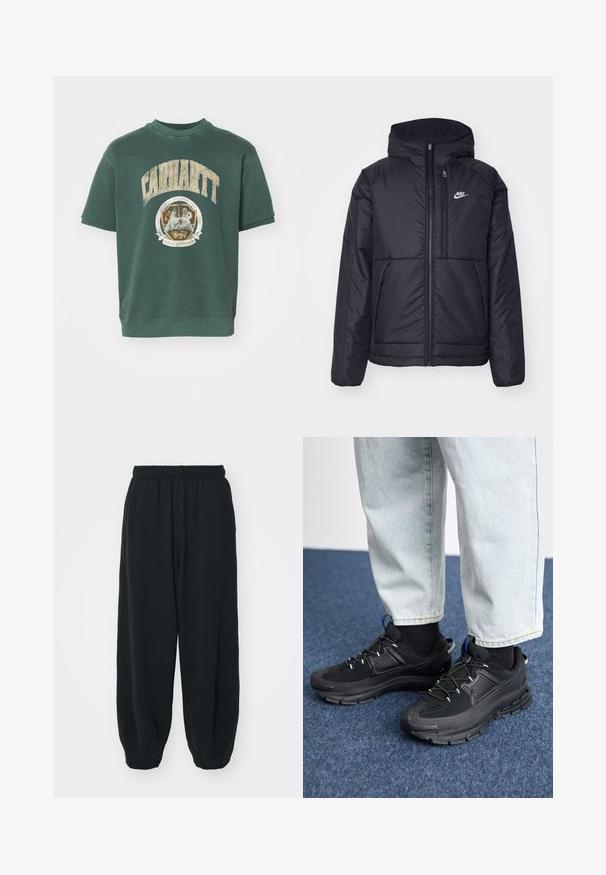 Svart, polstret Nike-jakke med frontglidelås og hette. Har en hvit logo på venstre bryst og doble frontlommer. Glatt ytterside.; Grønn bomullsblanding kortermet sweatshirt med stort Carhartt-logo og en sirkulær grafisk emblem på framsiden. Mykt, strukturert stoff.; Sorte, joggebukser med elastisk liv, løs passform, mansjetter på ankler, glatt tekstur og uten synlige mønstre eller hardware-detaljer.; Svarte sportssko med teksturert stoff og gummisåler, med elastiske lisser og en blå detalj på hælen. Brukt med lyse denimbukser.