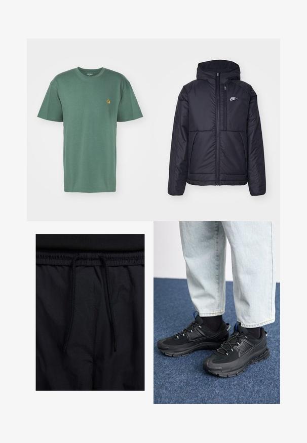 Casaco Nike preto, acolchoado, com fecho à frente e capuz. Apresenta um logo branco no lado esquerdo do peito e dois bolsos frontais. Textura exterior lisa.; Carhartt WIP CHASE - T-shirt básica - duck green/gold; Calções pretos com um cós elástico ajustável, fabricados em tecido leve com uma textura suave e um design simples, sem logótipos ou padrões visíveis.; Sapatilhas desportivas pretas com tecido texturizado e solas em borracha, apresentando atacadores elásticos e um detalhe azul no calcanhar. Usadas com calças de ganga claras.