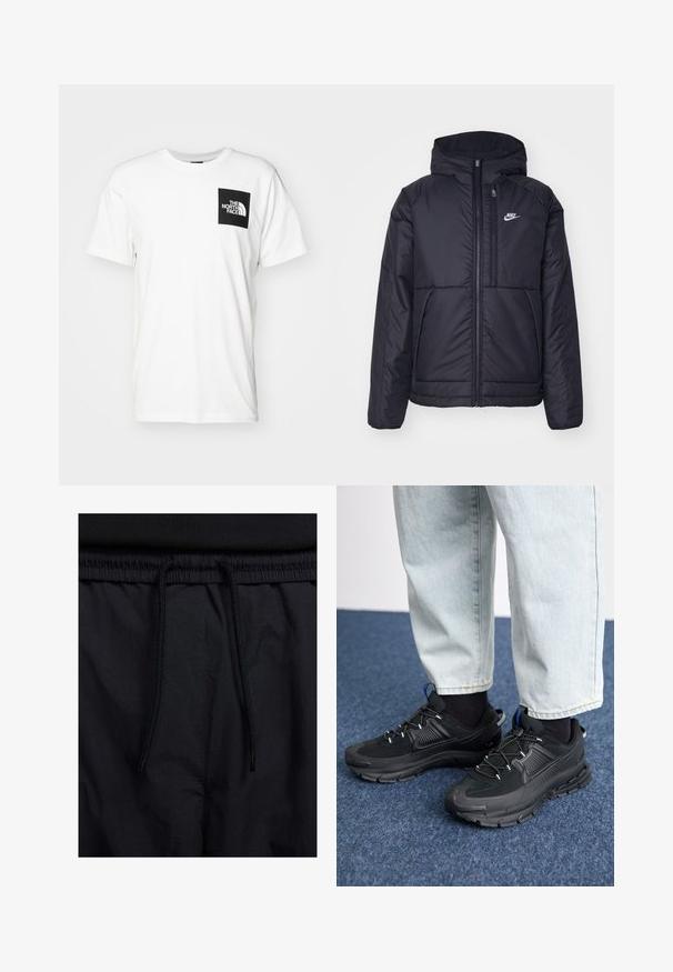 Černá zateplená bunda Nike s předním zipem a kapucí. Na levé straně hrudi má bílé logo a dvojité přední kapsy. Hladký povrch.; Bílý bavlněný tričko s černou čtvercovou kapsou a bílým logem "The North Face". Krátké rukávy a design s kulatým výstřihem.; Černé šortky s páskem na šňůrku, lehký materiál s hladkou texturou a jednoduchý design bez viditelných log nebo vzorů.; Černé sportovní boty s texturovanou tkaninou a gumovou podrážkou, s elastickými tkaničkami a modrým akcentem na patě. Nosí se s světlými džíny.