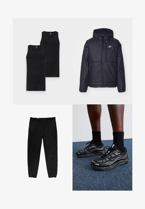 Fekete, párnázott Nike dzseki elülső cipzárral és kapucnival. A bal mellen fehér logó található, valamint két elülső zseb. Simának tűnő külső felület.; Két fekete pántos felső; testhezálló dizájn, kerek nyakkivágás, sima textúra, rugalmas anyagból készült; mindkettőn diszkrét márkás logó található az elején.; Fekete, rugalmas derékpántos nadrág, zsinóros megkötéssel, tapered lábakkal, oldalsó zsebekkel és diszkrét oldalsó varrási részletekkel. Puha pamut anyagtextúra.; Fekete Nike cipők hálós felsőrésszel, kiemelő csíkokkal, texturált fűzővel és fekete gumitalppal rendelkeznek. Fekete bordázott zoknikkal viselve.