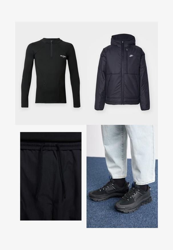 Fekete, párnázott Nike dzseki elülső cipzárral és kapucnival. A bal mellen fehér logó található, valamint két elülső zseb. Simának tűnő külső felület.; Fekete, hosszú ujjú sport póló, cipzáros gallérral, testhezálló fazonnal és két oldalsó zsebbel. A mellkasán a "SILENCE" feliratú logó található.; Fekete rövidnadrág, húzózsinórral ellátott derékrésszel, könnyű anyagból, sima felszínen, egyszerű dizájnnal, látható logók vagy minták nélkül.; Fekete sportcipők texturált anyaggal és gumitalppal, elasztikus fűzőkkel és kék kiegészítővel a saroknál. Világos farmernadrággal viselve.