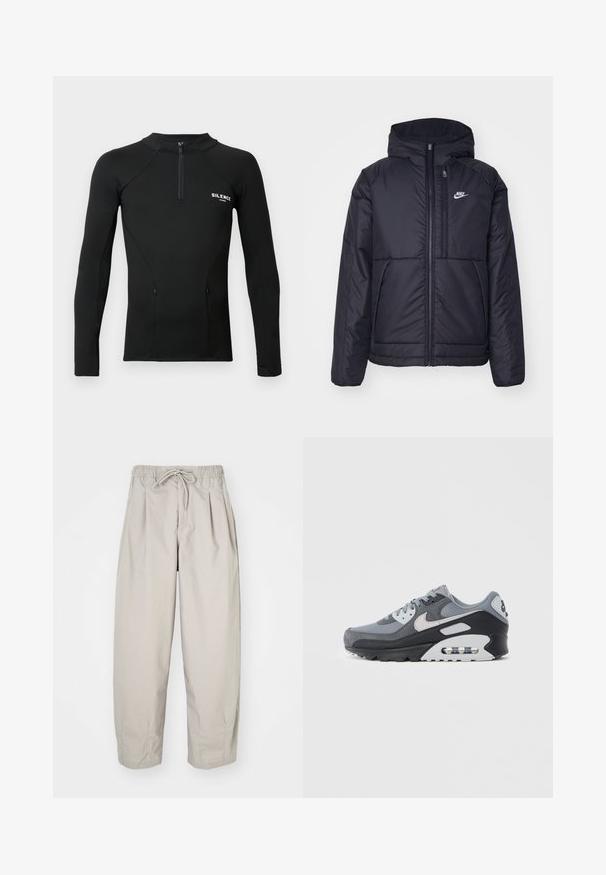 Zwarte, gewatteerde Nike-jas met een voorkant met ritssluiting en capuchon. Kenmerkt zich door een wit logo op de linkerborst en dubbele frontzakken. Gladde buitenkant.; Zwarte sporttop met lange mouwen en een ritskraag, voorzien van een aansluitend ontwerp en twee zijzakken. Het logo staat op de borst en leest "SILENCE".; Beige, lichte broek met een elastische tailleband en trekkoord. Beschikt over plooien en een losse pasvorm, gemaakt van een zachte, gladde stof.; Grijze sneaker met een mix van mesh en suède materialen, met een zwarte zool en zichtbare luchtunit. Opvallende lichtgrijze accenten en veters.