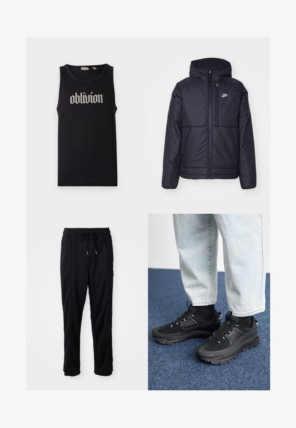 Svart, polstret Nike-jakke med frontglidelås og hette. Har en hvit logo på venstre bryst og doble frontlommer. Glatt ytterside.; Svart tanktop laget av bomull, med fet hvit gotisk tekst "oblivion" sentrert på forsiden. Glatt tekstur, uten ermer.; Svarte casual bukser med strikk i livet, sidelommer og rett bein på en ensfarget bakgrunn.; Svarte sportssko med teksturert stoff og gummisåler, med elastiske lisser og en blå detalj på hælen. Brukt med lyse denimbukser.