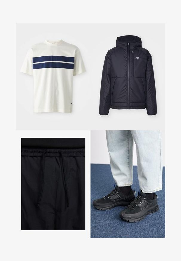 Svart, polstret Nike-jakke med frontglidelås og hette. Har en hvit logo på venstre bryst og doble frontlommer. Glatt ytterside.; Hvit bomulls t-skjorte med horisontale marineblå striper og en smalere hvit stripe under, kort erm og rund hals.; Sorte shorts med snor i livet, lett stoff med en jevn tekstur, og et enkelt design uten synlige logoer eller mønstre.; Svarte sportssko med teksturert stoff og gummisåler, med elastiske lisser og en blå detalj på hælen. Brukt med lyse denimbukser.