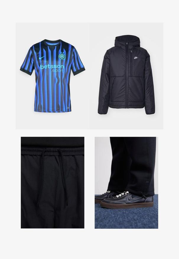 Juodas, paminkštintas Nike džemperis su priekyje užtrauktuku ir gobtuvu. Pasižymi balta logo kairėje krūtinės pusėje ir dviem priekinėmis kišenėmis. Su lygiu išoriniu paviršiumi.; Mėlynos ir juodos juostelės futbolo marškiniai su trumpomis rankovėmis. Yra apvalus kaklas, Nike logotipas ir "betsson.sport" tekstas šviesiai mėlyna spalva.; Juodos šortai su raišteliu juosmens srityje, lengva medžiaga su lygiu paviršiumi ir paprastas dizainas be matomų logotipų ar raštų.; Nike Sportswear KILLSHOT 2 LTR PRM OPP2 - Sportbačiai - black sail baroque brown mtlc dk grey