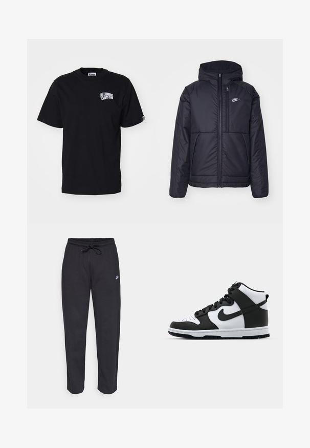 Veste Nike noire rembourrée avec une fermeture éclair sur le devant et une capuche. Elle présente un logo blanc sur la poitrine gauche et deux poches avant. Texture extérieure lisse.; T-shirt en coton noir avec un col rond et des manches courtes. Présente un logo imprimé blanc sur la partie gauche de la poitrine. Design simple, coupe standard.; Pantalons de survêtement noirs en tissu doux, avec une taille élastique, un cordon de serrage et un petit logo Nike sur la cuisse gauche.; Baskets montantes noir et blanc avec tige en cuir, boîte à orteils perforée, logo swoosh proéminent et semelle en caoutchouc texturée.