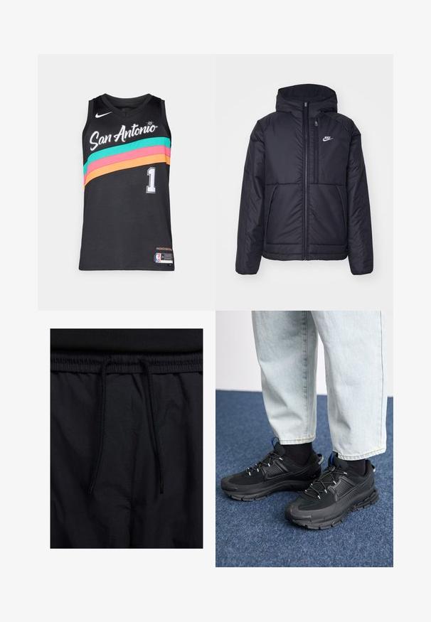 Casaco Nike preto, acolchoado, com fecho à frente e capuz. Apresenta um logo branco no lado esquerdo do peito e dois bolsos frontais. Textura exterior lisa.; Camisa atlética preta com o texto "San Antonio", apresentando listras horizontais em turquesa, rosa e laranja, decote em V e número branco "1". Logótipo da Nike presente.; Calções pretos com um cós elástico ajustável, fabricados em tecido leve com uma textura suave e um design simples, sem logótipos ou padrões visíveis.; Sapatilhas desportivas pretas com tecido texturizado e solas em borracha, apresentando atacadores elásticos e um detalhe azul no calcanhar. Usadas com calças de ganga claras.
