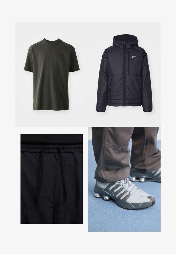 Črna, podložena Nike jakna z sprednjim zadrgo in kapuco. Ima bel logo na levem prsnem delu in dvojna sprednja žepa. Gladka zunanja tekstura.; Temno zelen majica iz mehkega materiala, s krožnim izrezom in kratkimi rokavi. Izšito "nike" logo v nekoliko temnejši zeleni barvi.; Črne kratke hlače z vrvico v pasu, lahkotna tkanina z gladko teksturo in preprosto zasnovo brez vidnih logotipov ali vzorcev.; Sive in srebrne Nike Shox teniske imajo eleganten dizajn, z mrežastimi in sintetičnimi materiali, zaobljenim nosom in oblazinjenim ovratnikom.