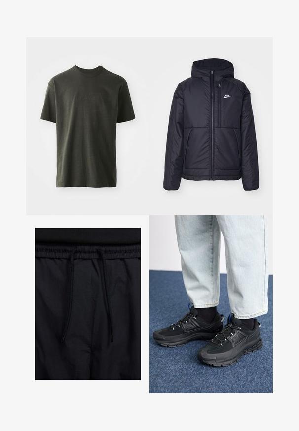 Jachetă Nike neagră, căptușită, cu fermoar pe față și glugă. Prezintă un logo alb pe pieptul stâng și două buzunare frontale. Textură exterioară netedă.; Tricou verde închis, confecționat dintr-un material moale, cu guler tip crew și mâneci scurte. Logo-ul "nike" brodat într-o nuanță ușor mai închisă de verde.; Șorturi negre cu un brâu reglabil, dintr-un material ușor cu o textură netedă și un design simplu, fără logo-uri sau modele vizibile.; Pantofi sport negri, cu țesătură texturată și tălpi din cauciuc, având șireturi elastice și un accent albastru pe toc. Purtați cu pantaloni din denim deschis.