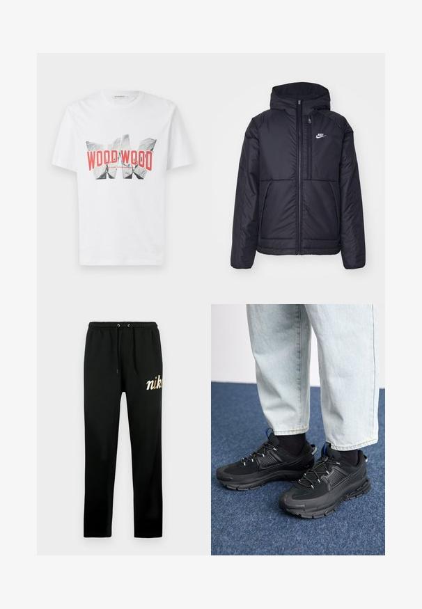 Juodas, paminkštintas Nike džemperis su priekyje užtrauktuku ir gobtuvu. Pasižymi balta logo kairėje krūtinės pusėje ir dviem priekinėmis kišenėmis. Su lygiu išoriniu paviršiumi.; Balta medvilninė marškinėlių viršutinė dalis, puošta drąsiu raudonu ir juodu grafiniu atspaudu su tekstu "WOOD WOOD", nusistovėjusi švarioje fone.; Juodos kelnės sportui iš minkštos medžiagos, turinčios elastingą juosmenį su raišteliais, siaurėjančias kojų apačioje ir auksinę „nike“ siuvinėtą logotipą.; Juodi sportiniai bateliai su tekstūruota medžiaga ir guminiais padais, su elastingomis raišteliais ir mėlynu akcentu ant kulno. Dėvimi su šviesiai mėlynomis džinsinėmis kelnėmis.