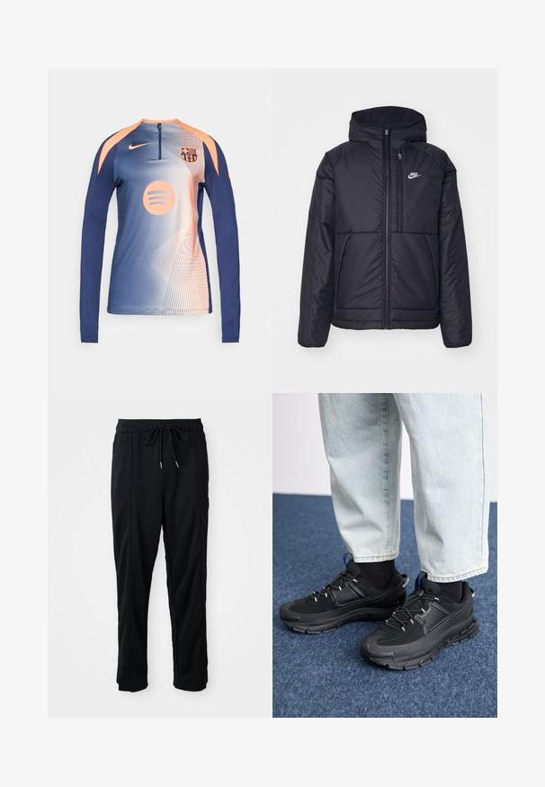 Giacca Nike nera, imbottita, con zip frontale e cappuccio. Presenta un logo bianco sul lato sinistro del petto e doppie tasche frontali. Texture esterna liscia.; Maglietta da allenamento Nike a maniche lunghe blu e pesca con il logo dell'FC Barcelona e il logo di Spotify, colletto con zip e motivo a linee astratte.; Pantaloni casual neri con elastico in vita, tasche laterali e taglio dritto su uno sfondo uniforme.; Scarpe sportive nere con tessuto testurizzato e suole in gomma, dotate di lacci elastici e un accento blu sul tallone. Indossate con pantaloni in denim chiaro.