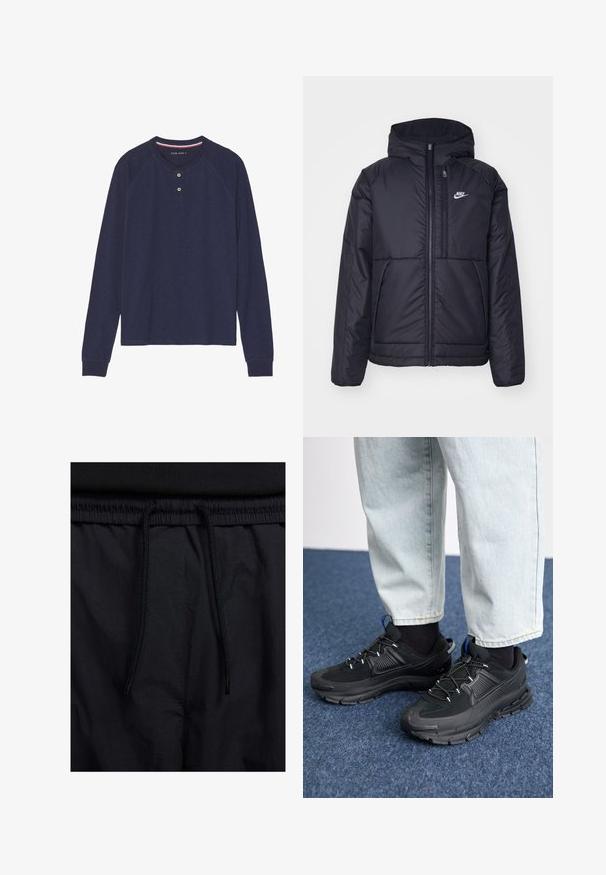Černá zateplená bunda Nike s předním zipem a kapucí. Na levé straně hrudi má bílé logo a dvojité přední kapsy. Hladký povrch.; Tmavě modré tričko Henley s dlouhým rukávem, kulatým výstřihem, dvouknoflíkovou légou a žebrovanými manžetami. Měkká textura, neformální design.; Černé šortky s páskem na šňůrku, lehký materiál s hladkou texturou a jednoduchý design bez viditelných log nebo vzorů.; Černé sportovní boty s texturovanou tkaninou a gumovou podrážkou, s elastickými tkaničkami a modrým akcentem na patě. Nosí se s světlými džíny.