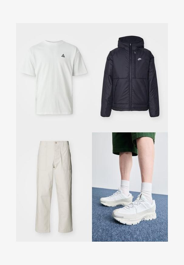 Černá zateplená bunda Nike s předním zipem a kapucí. Na levé straně hrudi má bílé logo a dvojité přední kapsy. Hladký povrch.; Bílý tričko s krátkým rukávem s malým černým trojúhelníkovým logem obsahujícím "acg" na levé straně hrudi, jednobarevné pozadí.; Světle béžové kalhoty s širokými nohavicemi vyrobené z bavlny. Obsahují přední kapsy a zapínání na knoflík. Hladký povrch s jemnými vertikálními pruhy.; Bílé sportovní boty s texturovanými překryvy, masivní podrážkou a šedými akcenty. Na nohou mají bílé ponožky a zelené šortky na modrém povrchu.