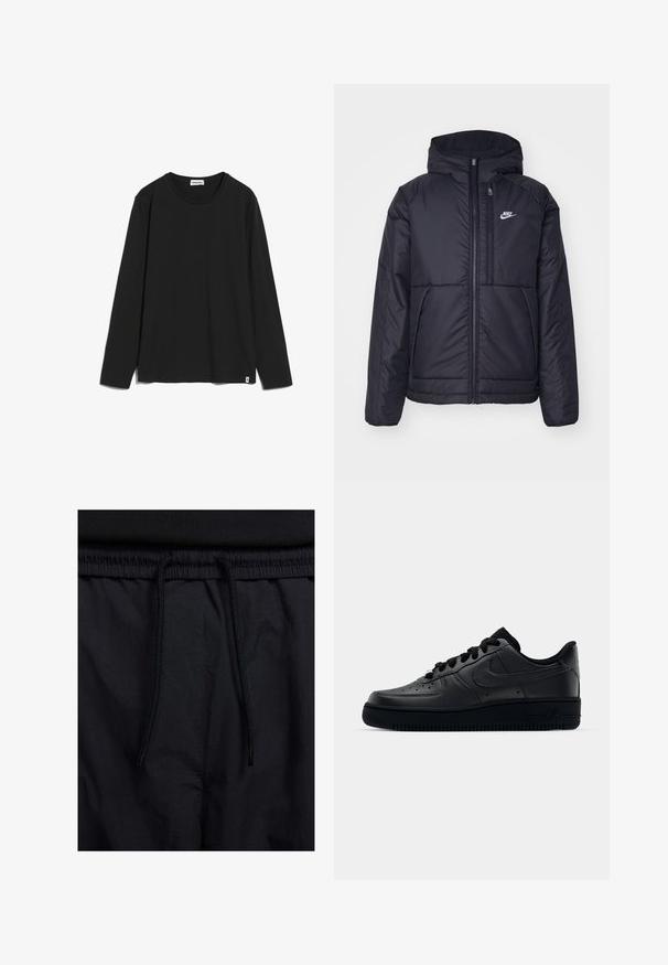 Schwarze, gepolsterte Nike-Jacke mit Frontreißverschluss und Kapuze. Hat ein weißes Logo auf der linken Brust und zwei Fronttaschen. Glattes äußeres Material.; Schwarzes Langarm-T-Shirt aus Baumwolle mit Rundhalsausschnitt und einem kleinen Logo-Tag an der unteren linken Seite. Glatte Textur, lockere Passform.; Schwarze Shorts mit einem Kordelzugbund, leichtem Stoff mit glatter Textur und einem schlichten Design ohne sichtbare Logos oder Muster.; Schwarzer Nike Air Force 1 Schuh mit einem glatten Lederoberteil, perforierter Zehenpartie für Atmungsaktivität, schwarzen Schnürsenkeln und einer strukturierten Gummisohle.