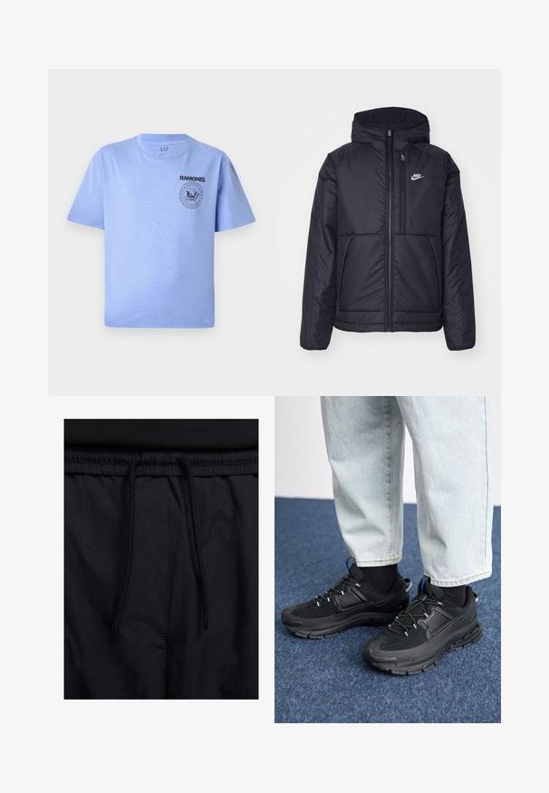 Casaco Nike preto, acolchoado, com fecho à frente e capuz. Apresenta um logo branco no lado esquerdo do peito e dois bolsos frontais. Textura exterior lisa.; T-shirt de algodão azul claro com mangas curtas, decote redondo e impressão do logotipo preto "Ramones" na área do peito esquerdo. Textura suave.; Calções pretos com um cós elástico ajustável, fabricados em tecido leve com uma textura suave e um design simples, sem logótipos ou padrões visíveis.; Sapatilhas desportivas pretas com tecido texturizado e solas em borracha, apresentando atacadores elásticos e um detalhe azul no calcanhar. Usadas com calças de ganga claras.