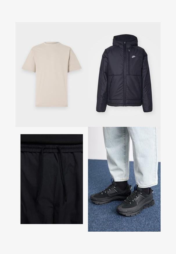 Schwarze, gepolsterte Nike-Jacke mit Frontreißverschluss und Kapuze. Hat ein weißes Logo auf der linken Brust und zwei Fronttaschen. Glattes äußeres Material.; Beige T-Shirt mit kurzen Ärmeln, Rundhalsausschnitt, aus glattem Baumwollstoff, mit lässiger Passform und ohne sichtbare Muster oder Verzierungen.; Schwarze Shorts mit einem Kordelzugbund, leichtem Stoff mit glatter Textur und einem schlichten Design ohne sichtbare Logos oder Muster.; Schwarze Sportschuhe aus strukturiertem Stoff mit Gummisohlen, ausgestattet mit elastischen Schnürsenkeln und einem blauen Akzent an der Ferse. Getragen mit hellen Jeans.