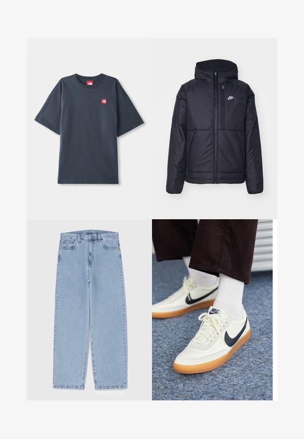 Fekete, párnázott Nike dzseki elülső cipzárral és kapucnival. A bal mellen fehér logó található, valamint két elülső zseb. Simának tűnő külső felület.; Sötét tengerészkék, rövid ujjú póló, pamutból készült, bal mellkason egy piros logóval és hagyományos kerek nyakkivágással.; Világoskék farmernadrág egyenes szárú kivitelben, közepes derékkal, öt zsebbel, gombos és cipzáros záródással.; Fehér bőrből készült Nike sportcipő, tengerészkék pipa logóval, gumírozott talppal és fehér fűzővel, fehér sportzoknival és sötét kordbársony nadrággal párosítva.