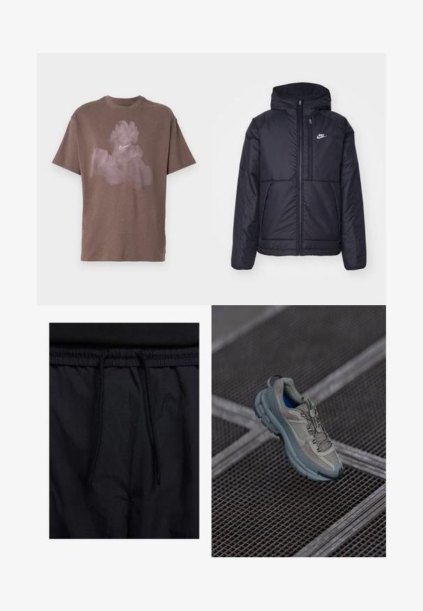 Casaco Nike preto, acolchoado, com fecho à frente e capuz. Apresenta um logo branco no lado esquerdo do peito e dois bolsos frontais. Textura exterior lisa.; T-shirt de algodão castanho com um corte descontraído, apresentando um logo branco da Nike e um design nublado em tons de rosa pálido na frente.; Calções pretos com um cós elástico ajustável, fabricados em tecido leve com uma textura suave e um design simples, sem logótipos ou padrões visíveis.; Sapatilha atlética bege e cinza com parte superior em malha texturizada, ponta arredondada e sola de borracha, com atacadores e colarinho almofadado.