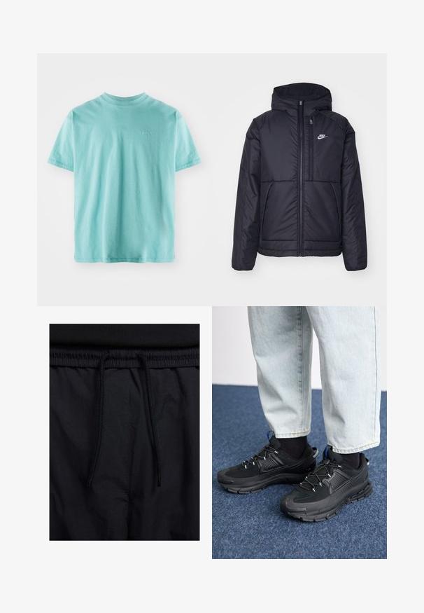 Casaco Nike preto, acolchoado, com fecho à frente e capuz. Apresenta um logo branco no lado esquerdo do peito e dois bolsos frontais. Textura exterior lisa.; Camiseta de algodão turquesa com mangas curtas, gola redonda e um pequeno logo branco "Levi's" no peito. Textura macia e ajuste descontraído.; Calções pretos com um cós elástico ajustável, fabricados em tecido leve com uma textura suave e um design simples, sem logótipos ou padrões visíveis.; Sapatilhas desportivas pretas com tecido texturizado e solas em borracha, apresentando atacadores elásticos e um detalhe azul no calcanhar. Usadas com calças de ganga claras.