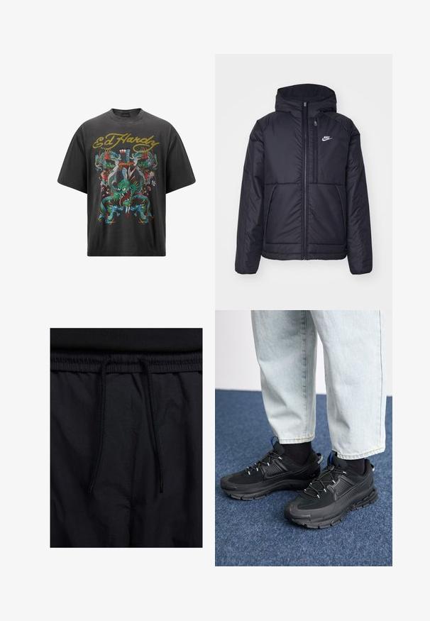 Sort, polstret Nike-jakke med frontlynlås og hætte. Har et hvidt logo på venstre bryst og to frontlommer. Glat ydre tekstur.; Sort oversized t-shirt med et farverigt dragegrafik og blomsteraccenter, samt "Ed Hardy" tekst i guld ved halsen.; Sorte shorts med snoretræk i taljen, letvægtsstof med en glat tekstur og et simpelt design uden synlige logoer eller mønstre.; Sorte træningssko med tekstureret stof og gummisåler, udstyret med elastiske snørebånd og en blå detalje på hælen. Bæres med lyse denimbukser.