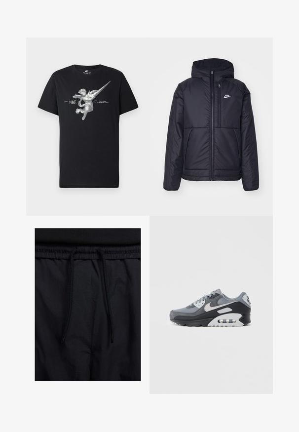 Black, padded Nike jacket with a front zipper and hood. Features a white logo on the left chest and dual front pockets. Smooth exterior texture.; Black Nike T-shirt featuring a grayscale winged angel graphic with an elongated Nike swoosh and text "nike sportswear on the wings of victory."; Black shorts featuring a drawstring waistband, lightweight fabric with a smooth texture, and a simple design without visible logos or patterns.; Gray sneaker featuring a mix of mesh and suede materials, with a black sole and visible air unit. Notable light gray accents and laces.