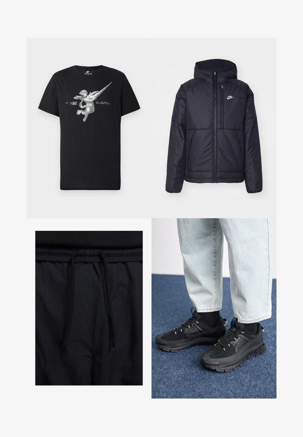 Melna, pufota Nike jaka ar priekšējo rāvējslēdzēju un kapuci. Iezīmēta ar baltu logotipu uz kreisās krūtis un divām priekšējām kabatām. Gluda ārējā tekstūra.; Melns Nike T-krekls ar pelēktoņos eņģeļa grafiku ar spārniem, kurā ir pagarināts Nike vissvārds un uzraksts "nike sportswear uz uzvaras spārniem".; Melni šorti ar sašūtu jostu, viegls audums ar gludu tekstūru un vienkāršs dizains bez redzamiem logotipiem vai paraugiem.; Melni sporta apavi ar strukturētu audumu un gumijas zoli, ar elastīgām auklām un zilu akcentu uz papēža. Nēsāti ar gaišām džinsu biksēm.