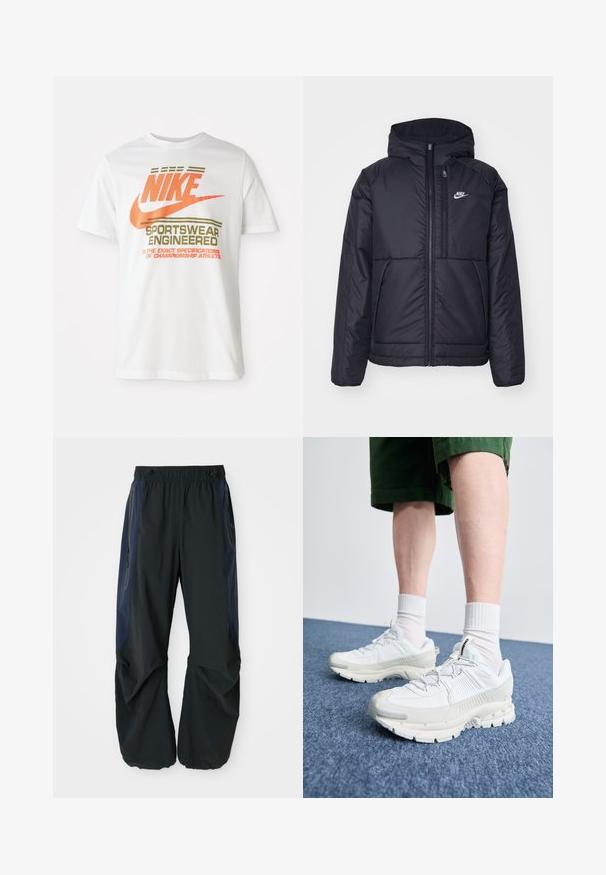 Veste Nike noire rembourrée avec une fermeture éclair sur le devant et une capuche. Elle présente un logo blanc sur la poitrine gauche et deux poches avant. Texture extérieure lisse.; T-shirt en coton blanc arborant un grand logo orange "NIKE" ainsi qu'un texte vert indiquant "SPORTSWEAR ENGINEERED" et d'autres spécifications.; Pantalons d'extérieur noirs avec une coupe décontractée, dotés d'une taille élastique, de panneaux latéraux navy et de poches zippées des deux côtés.; Des chaussures de sport blanches avec des superpositions texturées, une semelle épaisse et des accents gris. Portées avec des chaussettes blanches et des shorts verts sur une surface bleue.