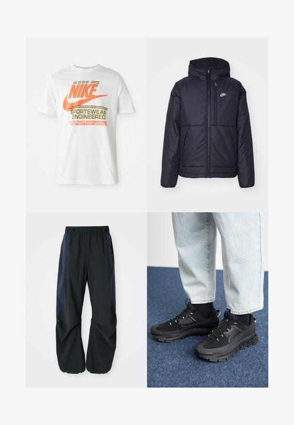 Giacca Nike nera, imbottita, con zip frontale e cappuccio. Presenta un logo bianco sul lato sinistro del petto e doppie tasche frontali. Texture esterna liscia.; Maglietta in cotone bianco con un grande logo arancione "NIKE" e testo verde che recita "SPORTSWEAR ENGINEERED" e ulteriori specifiche.; Pantaloni neri da esterno con vestibilità rilassata, dotati di una vita elastica, pannelli laterali blu navy e tasche con zip su entrambi i lati.; Scarpe sportive nere con tessuto testurizzato e suole in gomma, dotate di lacci elastici e un accento blu sul tallone. Indossate con pantaloni in denim chiaro.