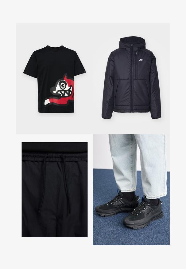 Fekete, párnázott Nike dzseki elülső cipzárral és kapucnival. A bal mellen fehér logó található, valamint két elülső zseb. Simának tűnő külső felület.; Icecream JUMBO RUNNING DOG - Nyomott mintás póló - black; Fekete rövidnadrág, húzózsinórral ellátott derékrésszel, könnyű anyagból, sima felszínen, egyszerű dizájnnal, látható logók vagy minták nélkül.; Fekete sportcipők texturált anyaggal és gumitalppal, elasztikus fűzőkkel és kék kiegészítővel a saroknál. Világos farmernadrággal viselve.