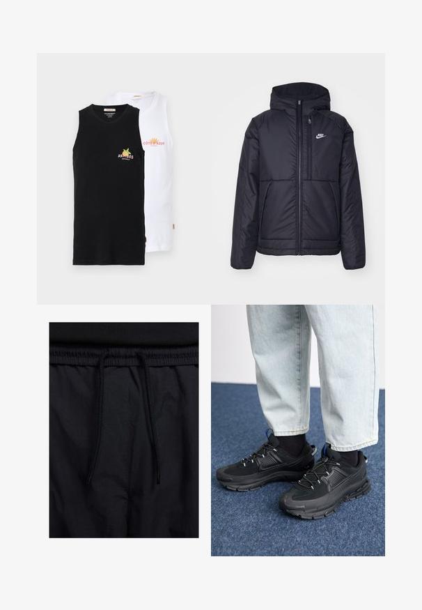 Must musta Nike jope, millel on ees lukuga avamine ja kapuuts. Vasakpoolne rind on kaunistatud valge logoga ning ees on kaks taskut. Sile välimine tekstuur.; Kaks ilma varrukateta puuvillast topi: üks must "ANTIBES" logo ja teine valge "CÔTE D'AZUR" logo. Sile tekstuur, kodune stiil.; Mustad lühikesed püksid, millel on paelaga vöökoht, kerge kangas, mis on sileda tekstuuriga ning lihtne disain ilma nähtavate logode või mustriteta.; Mustad mustad jooksukingad, millel on tekstureeritud kangas ja kummist tallad, elastsed nöörid ning sinine aksent kandadel. Kandmine heledate teksadega.