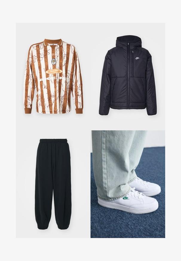 Črna, podložena Nike jakna z sprednjim zadrgo in kapuco. Ima bel logo na levem prsnem delu in dvojna sprednja žepa. Gladka zunanja tekstura.; Majica z dolgimi rokavi z rjavimi in belimi navpičnimi črtami, ki ima abstraktno zasnovo, klasičen ovratnik in logotip Nike spredaj.; Črne, elastične hlače za prosti čas z ohlapnim krojem, manšetami na gležnjih, gladko teksturo in brez vidnih vzorcev ali dodatkov.; Bela usnjena športna obutev z zelenim Nike logotipom, okrogla konica, ravna podplat, v kombinaciji z svetlo modrimi kavbojkami, prikazana na modrem preprogu.