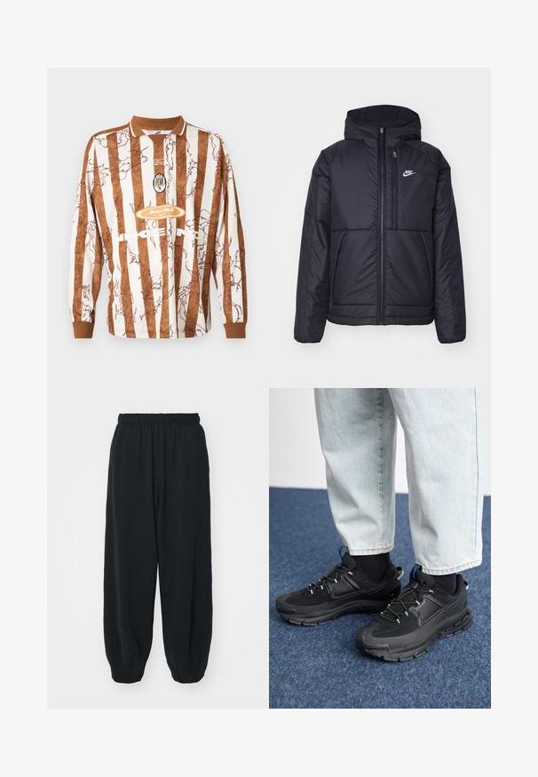 Črna, podložena Nike jakna z sprednjim zadrgo in kapuco. Ima bel logo na levem prsnem delu in dvojna sprednja žepa. Gladka zunanja tekstura.; Majica z dolgimi rokavi z rjavimi in belimi navpičnimi črtami, ki ima abstraktno zasnovo, klasičen ovratnik in logotip Nike spredaj.; Črne, elastične hlače za prosti čas z ohlapnim krojem, manšetami na gležnjih, gladko teksturo in brez vidnih vzorcev ali dodatkov.; Črne športne čevlje z teksturirano tkanino in gumijastimi podplati, ki imajo elastične vezalke ter modre poudarke na peti. Nosi se z lahkimi denim hlačami.