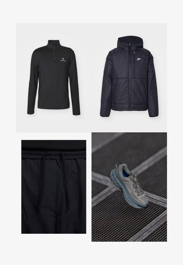 Veste Nike noire rembourrée avec une fermeture éclair sur le devant et une capuche. Elle présente un logo blanc sur la poitrine gauche et deux poches avant. Texture extérieure lisse.; Bogner Fire + Ice PASCAL - T-shirt à manches longues - deepest navy; Shorts noirs avec un élastique à cordon de serrage, en tissu léger avec une texture lisse, et un design simple sans logos ni motifs visibles.; Chaussure de sport beige et grise avec une tige en maille texturée, un bout arrondi et une semelle en caoutchouc, comportant des lacets et un col rembourré.