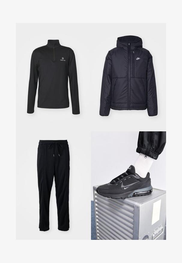 Czarna, pikowana kurtka Nike z przednim zamkiem błyskawicznym i kapturem. Posiada białe logo po lewej stronie klatki piersiowej oraz podwójne kieszenie z przodu. Gładka struktura zewnętrzna.; Bogner Fire + Ice PASCAL granatowy; Czarne spodnie casualowe z gumką w pasie, z kieszeniami wszytymi po bokach i prostym krojem na jednolitym tle.; Nike Sportswear PULSE czarny