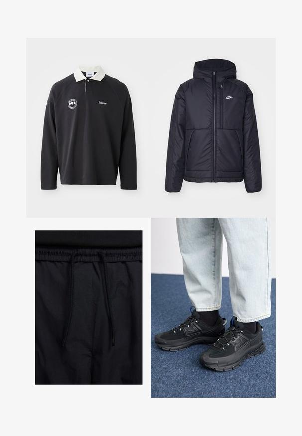 Juodas, paminkštintas Nike džemperis su priekyje užtrauktuku ir gobtuvu. Pasižymi balta logo kairėje krūtinės pusėje ir dviem priekinėmis kišenėmis. Su lygiu išoriniu paviršiumi.; Juodas ilgomis rankovėmis polo marškinėliai su kontrastinga balta apykakle, kuriuose siuvinėti logotipai krūtinėje ir ant rankovės. Pagaminti iš minkštos medžiagos.; Juodos šortai su raišteliu juosmens srityje, lengva medžiaga su lygiu paviršiumi ir paprastas dizainas be matomų logotipų ar raštų.; Juodi sportiniai bateliai su tekstūruota medžiaga ir guminiais padais, su elastingomis raišteliais ir mėlynu akcentu ant kulno. Dėvimi su šviesiai mėlynomis džinsinėmis kelnėmis.