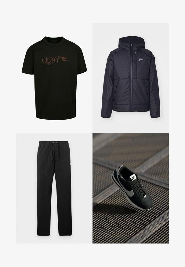 Fekete, párnázott Nike dzseki elülső cipzárral és kapucnival. A bal mellen fehér logó található, valamint két elülső zseb. Simának tűnő külső felület.; Fekete, pamutból készült póló, elöl barna nyomott "UPDSCAPE" logóval, graffiti stílusú betűtípussal. Rövid ujjú, kerek nyakú.; Fekete, bolyhos anyagú melegítők, elasztikus derékkal és húzózsinórral, két elülső zsebbel és egy kisméretű logóval a combján.; Fekete Nike sneaker szürke részletekkel, velúr és hálós anyagokból, textúrázott talppal, keskeny formával és klasszikus fűzős kialakítással.