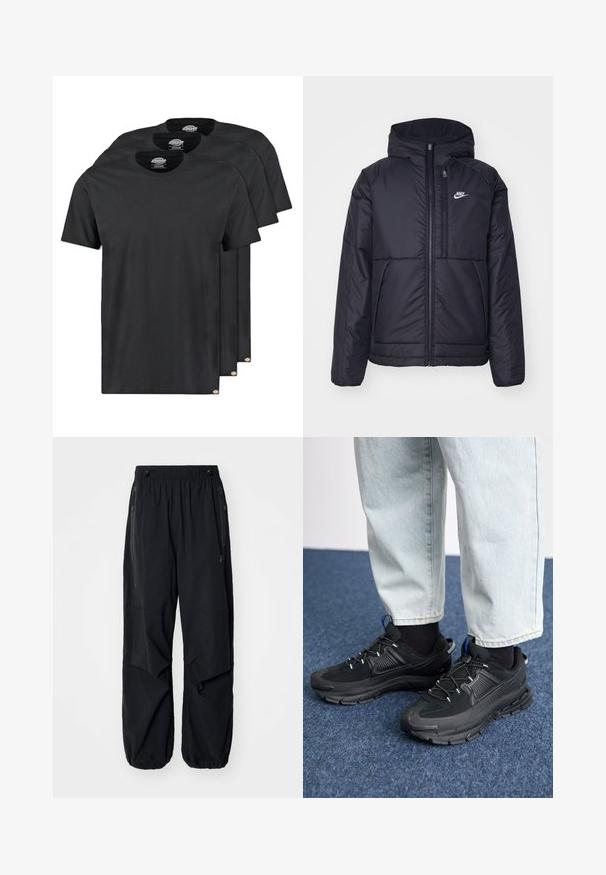 Svart, vadderad Nike-jacka med dragkedja framtill och huva. Har en vit logotyp på vänster bröst och dubbla framfickor. Slät yttextur.; Svarta bomull t-shirts i ett pack om tre. Rundhals, kort ärm och en slät textur. Logotag vid fållen.; Svarta lätta cargobyxor med elastisk midja, sidoklaffar och rymliga fickor. Har en lös passform och smalnande benslut.; Svarta sportskor med texturerat tyg och gummisulor, med elastiska snörningar och en blå detalj på hälen. Bärs med ljusa jeans.