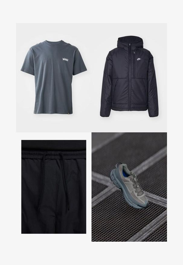 Μαύρο, επενδυμένο μπουφάν Nike με μπροστινό φερμουάρ και κουκούλα. Διαθέτει λευκό λογότυπο στο αριστερό στήθος και διπλές μπροστινές τσέπες. Λείο εξωτερικό υλικό.; Σκούρο γκρι βαμβακερό μπλουζάκι με κοντά μανίκια και στρογγυλή λαιμόκοψη. Διαθέτει ένα μικρό λευκό λογότυπο στο στήθος και μια ετικέτα στο κάτω στρίφωμα.; Μαύρο σορτσάκι με ζωνάκι που ρυθμίζεται, ελαφρύ ύφασμα με απλή υφή και απλό σχέδιο χωρίς ορατά λογότυπα ή μοτίβα.; Πετρόλ και γκρι αθλητικό παπούτσι με υφασμάτινη επένδυση, στρογγυλή μύτη και καουτσουκέιν σόλα, διαθέτοντας κορδόνια και μαξιλαρωμένη περιφέρεια.