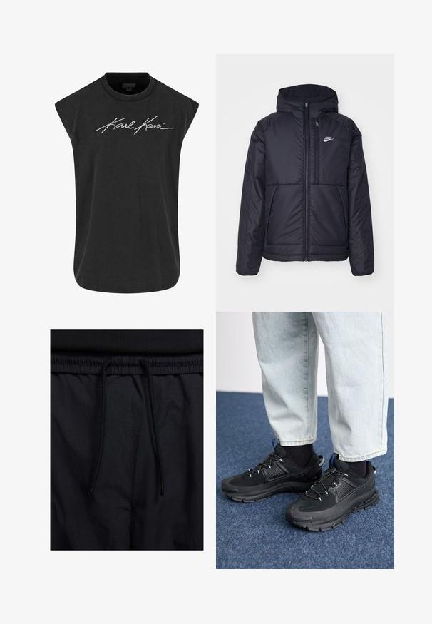 Črna, podložena Nike jakna z sprednjim zadrgo in kapuco. Ima bel logo na levem prsnem delu in dvojna sprednja žepa. Gladka zunanja tekstura.; Karl Kani AUTOGRAPH WASHED SLEEVELESS - Top - black; Črne kratke hlače z vrvico v pasu, lahkotna tkanina z gladko teksturo in preprosto zasnovo brez vidnih logotipov ali vzorcev.; Črne športne čevlje z teksturirano tkanino in gumijastimi podplati, ki imajo elastične vezalke ter modre poudarke na peti. Nosi se z lahkimi denim hlačami.