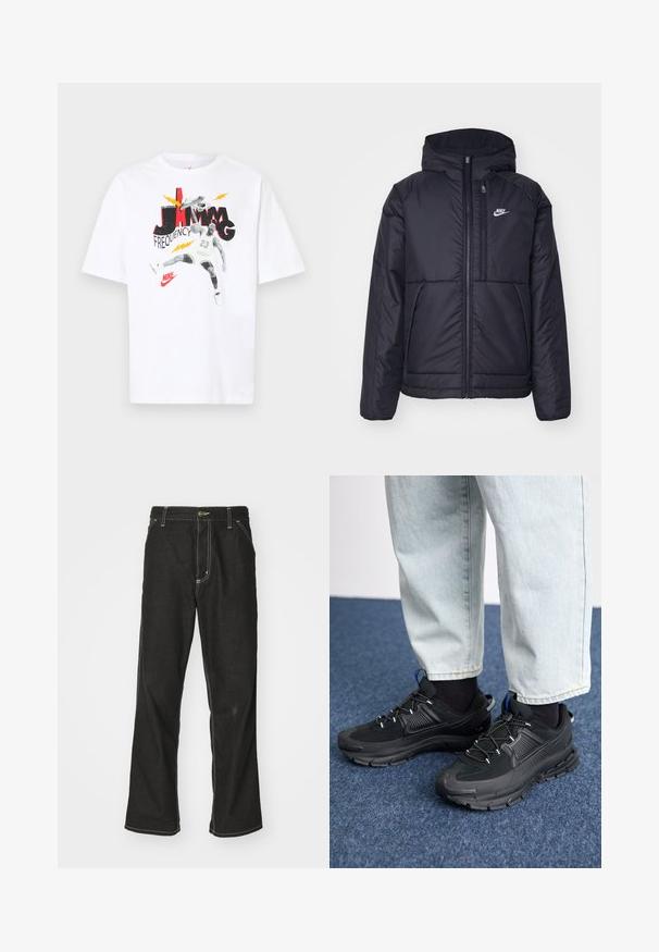 Melna, pufota Nike jaka ar priekšējo rāvējslēdzēju un kapuci. Iezīmēta ar baltu logotipu uz kreisās krūtis un divām priekšējām kabatām. Gluda ārējā tekstūra.; Balts kokvilnas T-krekls ar grafiku, kurā redzams basketbolists, kurš lēciena laikā izpilda džemu. Teksts ietver "JAMMING FREQUENCY" treknā sarkanā un melnā krāsā.; Melni džinsi ar brīvu piegriezumu, ar kontrastējošu baltu diegu, pogu aizdari un taisnu kāju dizainu.; Melni sporta apavi ar strukturētu audumu un gumijas zoli, ar elastīgām auklām un zilu akcentu uz papēža. Nēsāti ar gaišām džinsu biksēm.