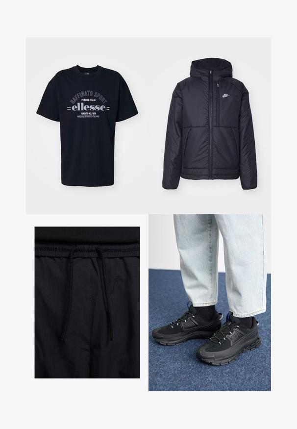 Juodas, paminkštintas Nike džemperis su priekyje užtrauktuku ir gobtuvu. Pasižymi balta logo kairėje krūtinės pusėje ir dviem priekinėmis kišenėmis. Su lygiu išoriniu paviršiumi.; Juodas medvilninis marškinėlis su apvaliomis iškirptomis. Yra balti spausdinti užrašai "Raffinato Sport" ir "ellesse" su retro detalėmis.; Juodos šortai su raišteliu juosmens srityje, lengva medžiaga su lygiu paviršiumi ir paprastas dizainas be matomų logotipų ar raštų.; Juodi sportiniai bateliai su tekstūruota medžiaga ir guminiais padais, su elastingomis raišteliais ir mėlynu akcentu ant kulno. Dėvimi su šviesiai mėlynomis džinsinėmis kelnėmis.