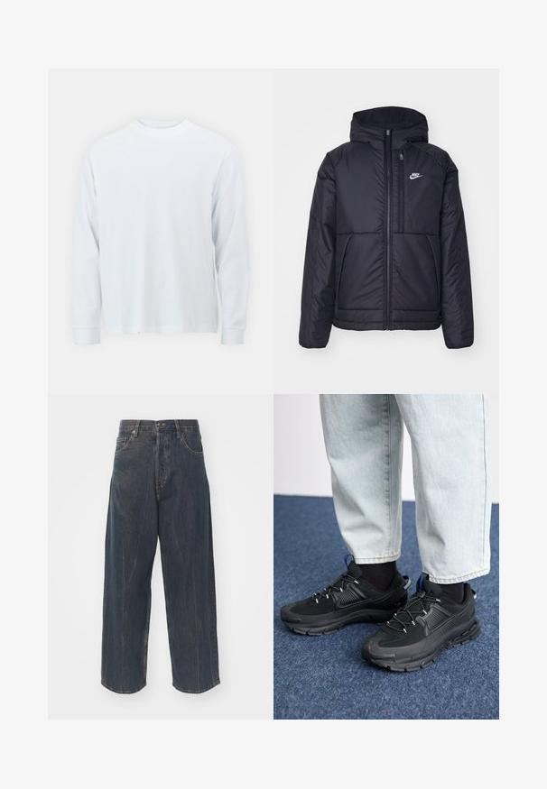 Czarna, pikowana kurtka Nike z przednim zamkiem błyskawicznym i kapturem. Posiada białe logo po lewej stronie klatki piersiowej oraz podwójne kieszenie z przodu. Gładka struktura zewnętrzna.; Biała koszulka z długim rękawem wykonana z bawełny, z okrągłym dekoltem i prostym wykończeniem. Gładka faktura, prosty design bez wzorów czy akcentów.; Szerokie, ciemnoniebieskie dżinsy z subtelnym efektem przetarcia, pięć kieszeni oraz klasyczne zapięcie na guzik i zamek błyskawiczny w talii.; Czarne buty sportowe z teksturowanej tkaniny i gumowymi podeszwami, z elastycznymi sznurówkami i niebieskim akcentem na pięcie. Noszone z jasnymi dżinsami.